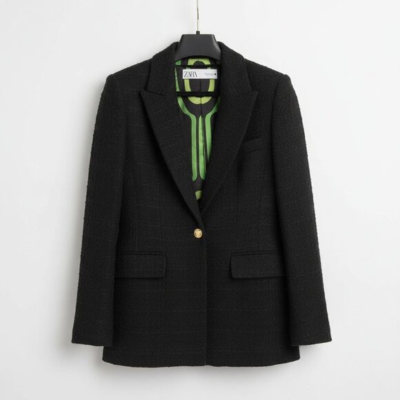 Zara Black Textured Tweed Blazer with Green Accents Size XS - Picture 1 of 9